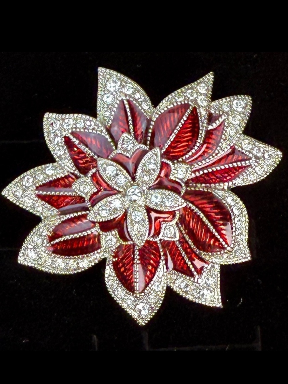 Monet Red Enamel Rhinestone Poinsettia Christmas Brooch Pin